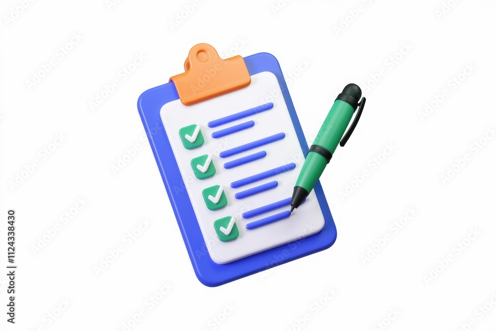 Aufkleber A 3D rendering of a checklist with a pen, signifying task management and organization.