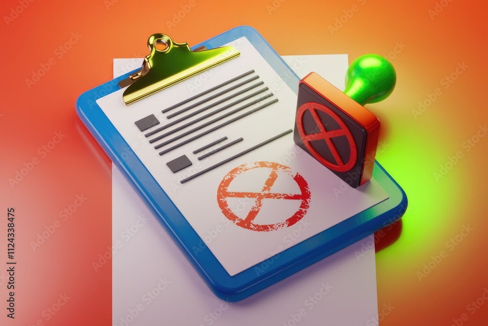 Poster a document on a clipboard is stamped with a red rejection mark, signifying disapproval or denial.