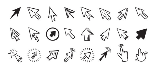 Cursor doodle icon set. Click cursor hand drawn set. Isolated mouse cursor 