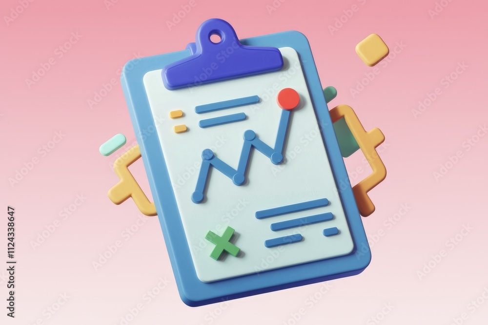 Poster A 3D rendering of a clipboard displaying a graph, checklist, and cross mark, symbolizing data analysis and planning.