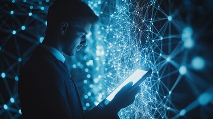 a person surrounded by glowing network lines and holding a tablet