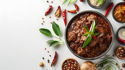 Typical Indonesian food rendang on a white background with copy space