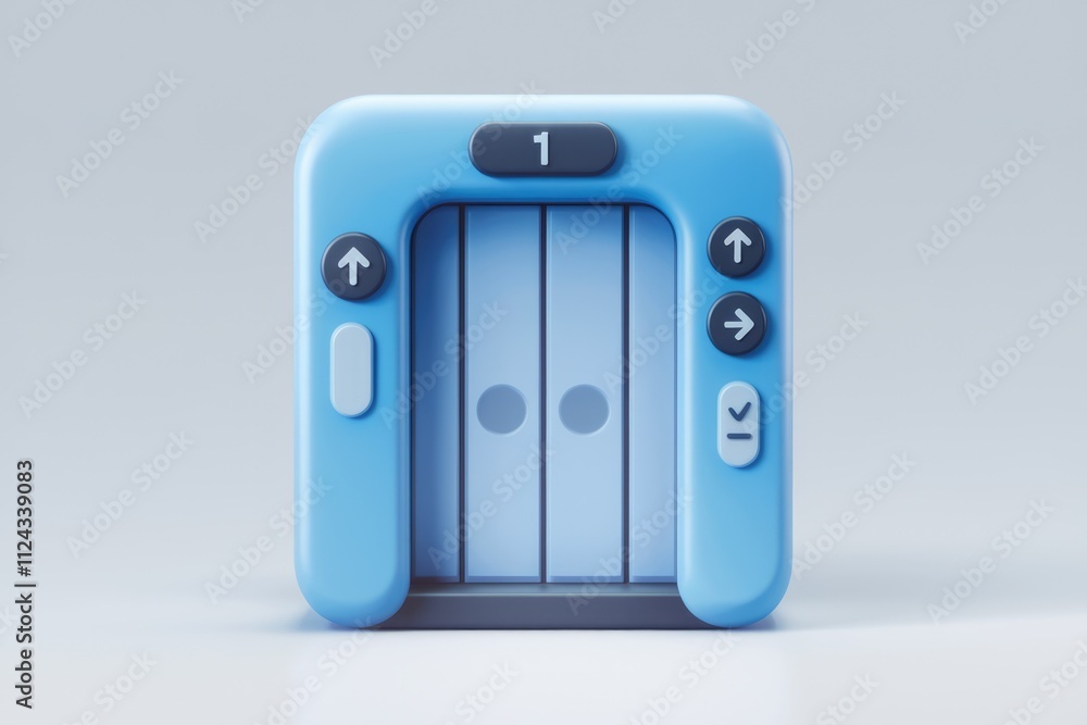 Poster A 3D render of a stylized elevator panel with buttons for up, down, and floor selection.