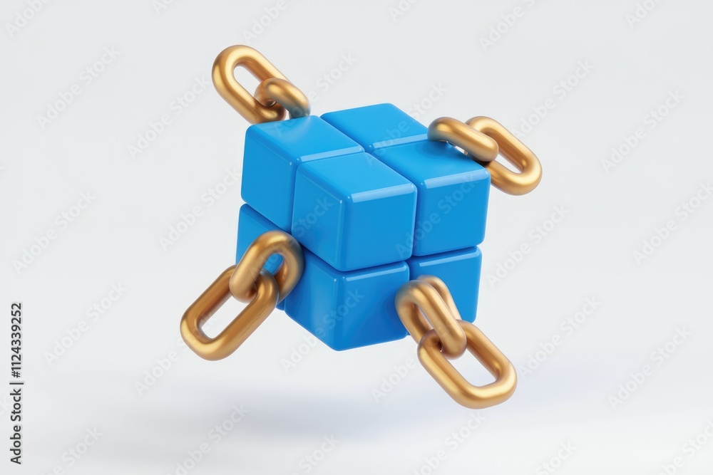 Poster a blue cube is secured by four golden chains, symbolizing connection and security.