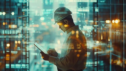construction worker Utilizing Tablet for Industrial Project Management