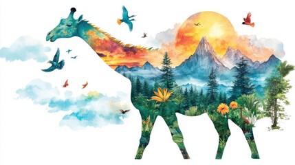 Fototapeta premium Majestic giraffe in vibrant nature landscape colorful wildlife artwork artistic viewpoint