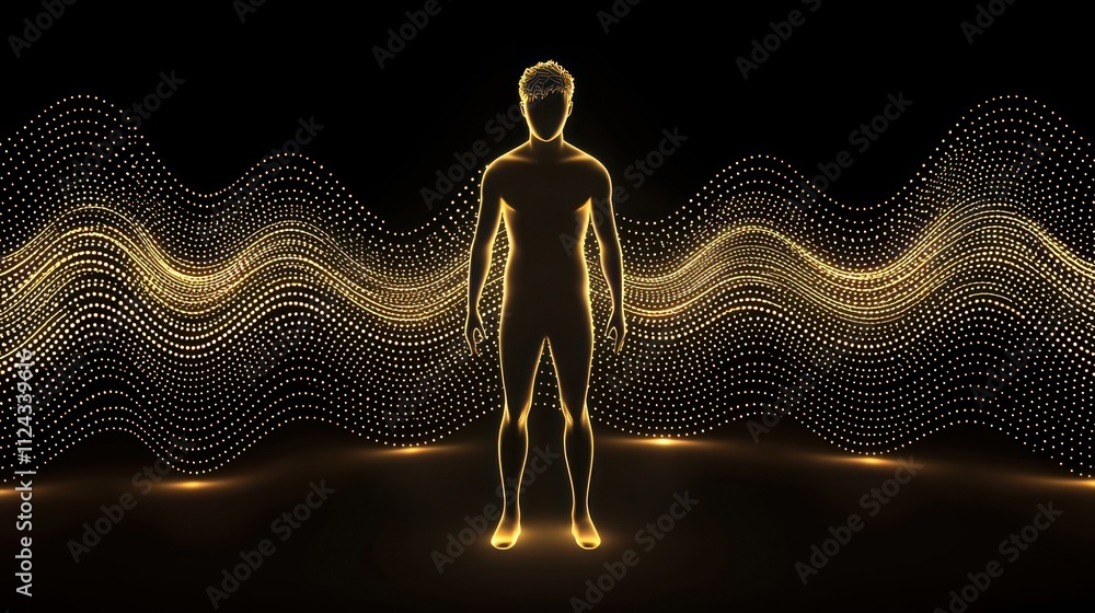 Aufkleber dynamic human form surrounded by golden waves abstract digital art dark environment