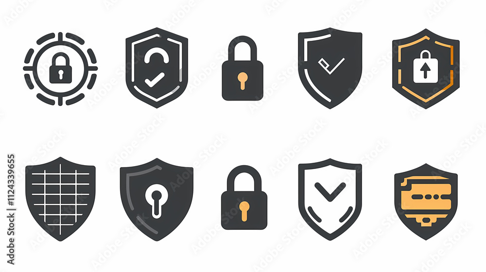 Poster security icon set: a set of modern and minimalist security icons, including shields, locks, checkmar