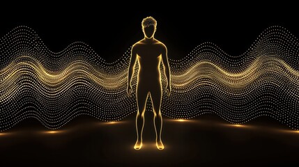 Dynamic human form surrounded by golden waves abstract digital art dark environment