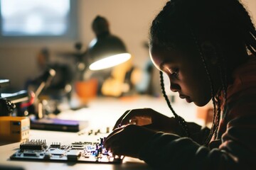 Focused Young Innovator: Black Teen Engaging in Circuit Design - Perfect for STEM Education Content