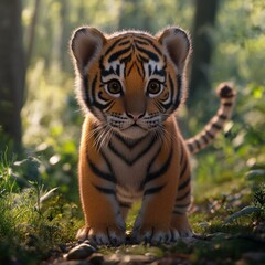 Obraz premium An adorable 3D rention of a baby tiger, set in a fantastical landscape, showcased on Artstation. This illustration boasts hyperrealistic details and lighting, presented in stunning 8K resolution. Capt