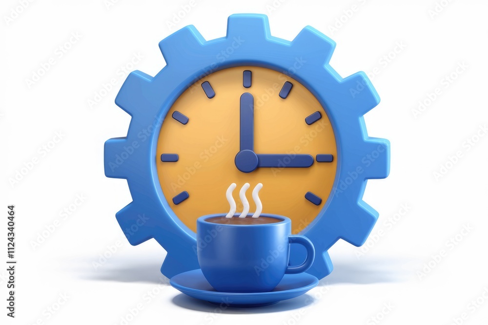Poster a 3d render of a gear-shaped clock with a cup of coffee, symbolizing productive work breaks.