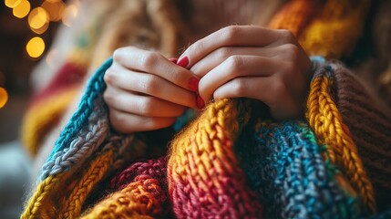 Close-up of woman's hands knitting a colorful, chunky knit sweater.