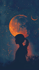 Silhouette of a Girl Underneath the Moon: A dreamy silhouette of a girl standing beneath a massive orange moon, bathed in the soft glow of starlight, evokes a sense of tranquility and wonder. 