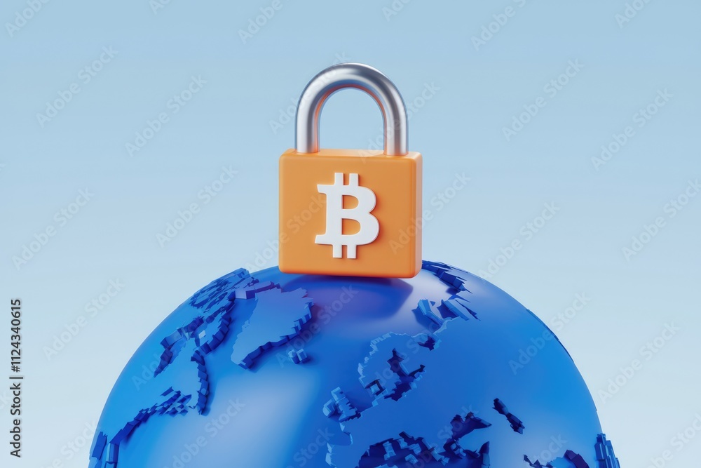 Aufkleber a padlock with bitcoin symbol sits atop a globe, symbolizing global cryptocurrency security.