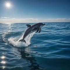 Fototapeta premium A playful dolphin leaping out of the crystal-clear ocean waves with a bright sky above.
