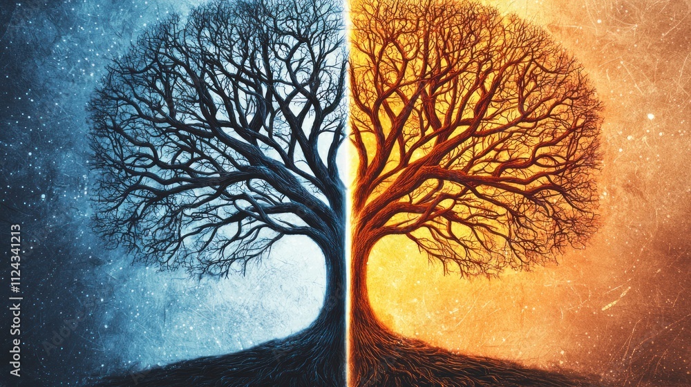 Poster contrast of seasonssplit tree art displaying nature's duality abstract environment