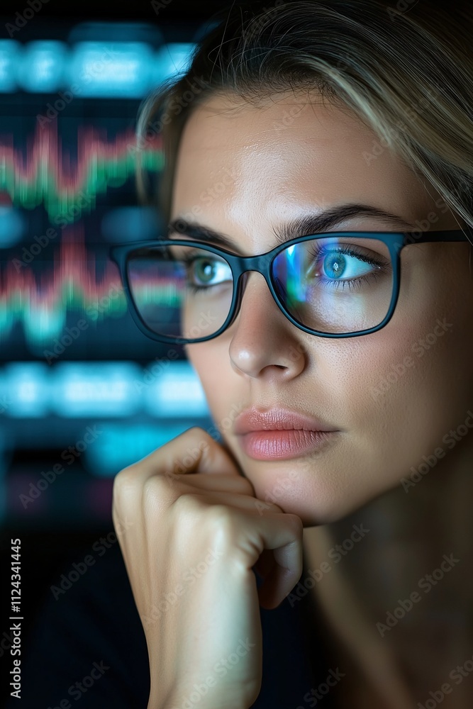 Poster focused female analyst working from home analyzing financial charts and data on a computer screen wi