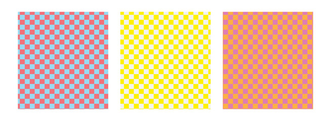 Set of abstract seamless checkered patterns in y2k style. Trendy retro psychedelic checkerboard backgrounds in 90s, 00s style. Hippie, trippy patterns with distorted cage