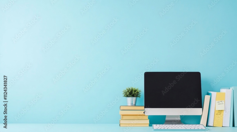 Poster Minimalist Home Office with Desktop Computer and Books for Online Learning