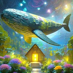 별이 보이는 하늘을 나는 거대한 고래, 고요한 정원의 집 일러스트. 03