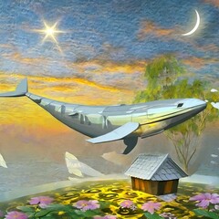 별이 보이는 하늘을 나는 거대한 고래, 고요한 정원의 집 일러스트. 02