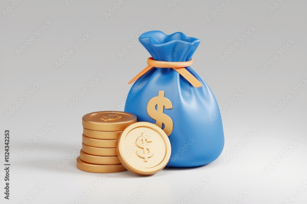 Poster a 3d rendering of a blue money bag with a stack of gold coins, symbolizing wealth and finance.