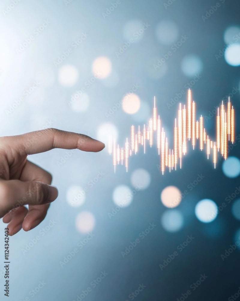 Poster Futuristic Financial Innovation Hand Touching Holographic Graph in Abstract Tech Setting