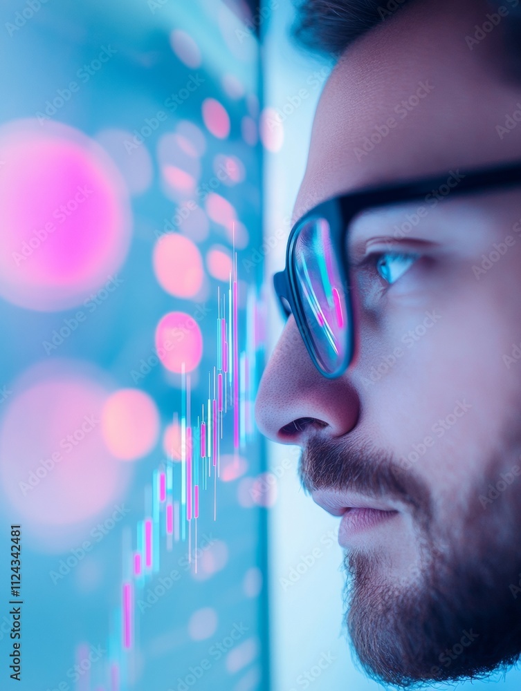 Aufkleber analyzing cryptocurrency markets focused trader in neon-lit office