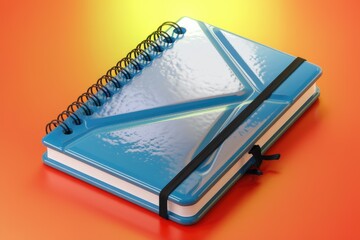 A glossy blue spiral notebook with a black elastic closure rests on an orange surface.