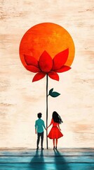 Romantic couple embracing a flower symbol under a sunset digital art dreamy vibe