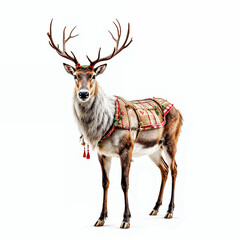 deer with christmas decorations on white background