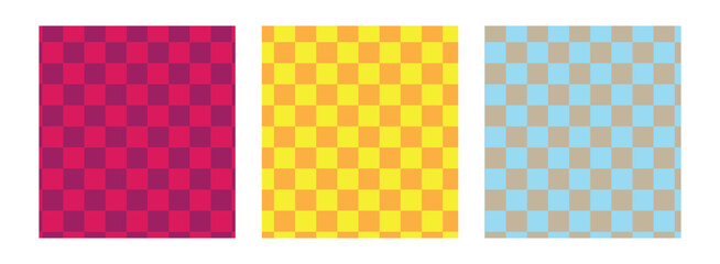Set of abstract seamless checkered patterns in y2k style. Trendy retro psychedelic checkerboard backgrounds in 90s, 00s style. Hippie, trippy patterns with distorted cage