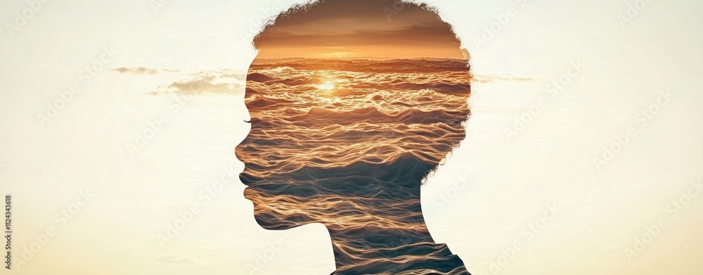 Aufkleber Double Exposure Image of  Double Exposure Image of  Serene ocean sunset an artistic profile portrait in nature's reflection