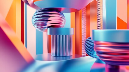 A 3D render of geometric shapes with a blue, pink, and orange theme.