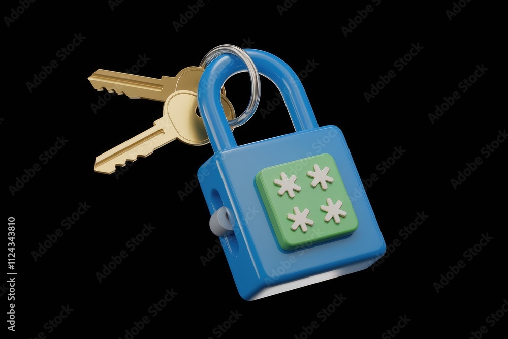 Poster A blue padlock with two golden keys attached, symbolizing security and access.