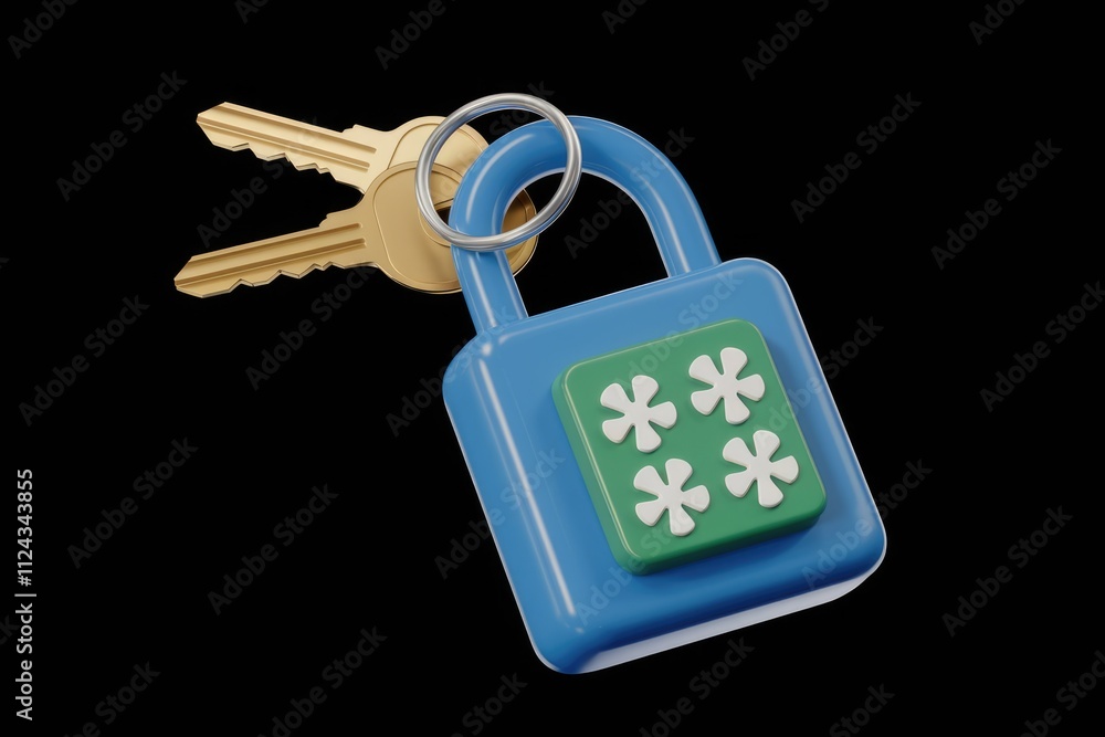 Poster A 3D rendering of a blue padlock with two golden keys, symbolizing security and access.