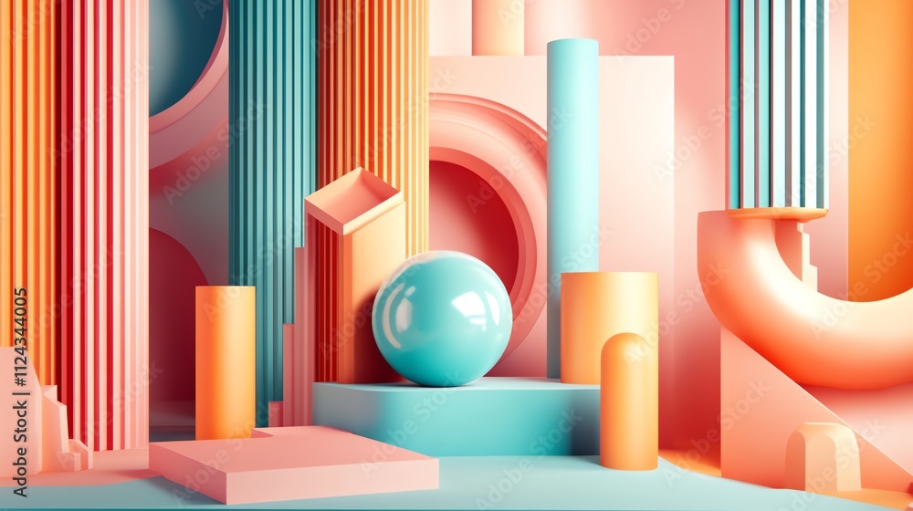 Poster a 3d rendering of a scene with colorful geometric shapes, including a blue sphere.