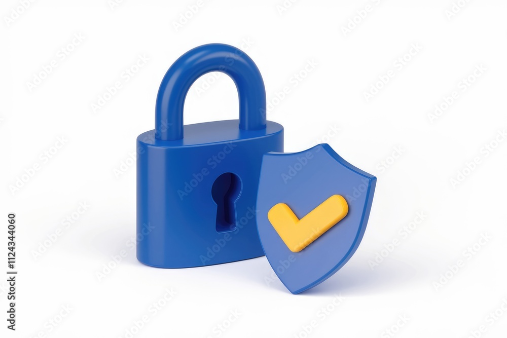 Poster a blue padlock and shield with a yellow checkmark represent security and data protection.