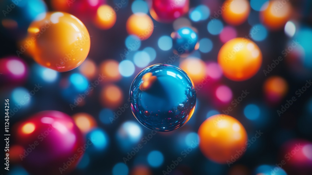 Poster abstract colorful background with shiny spheres floating against a dark backdrop.