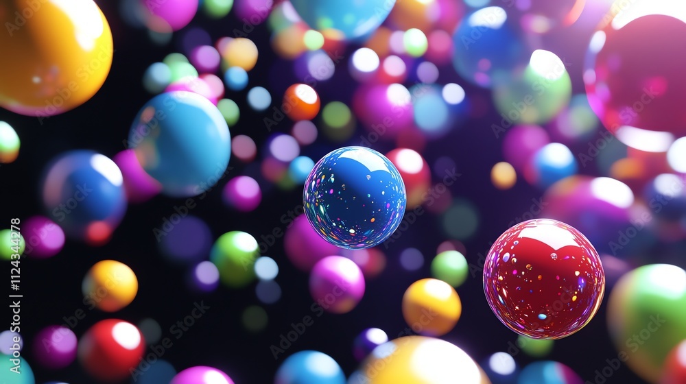 Poster abstract colorful background with shiny spheres floating against a dark backdrop.