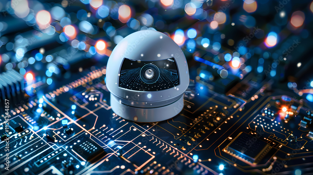 Poster cybersecurity dome camera: a futuristic dome security camera rests on a complex circuit board, surro