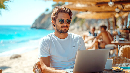 Beachside Cafe Workday. Young professional working on a sleek laptop at a small beachside cafe