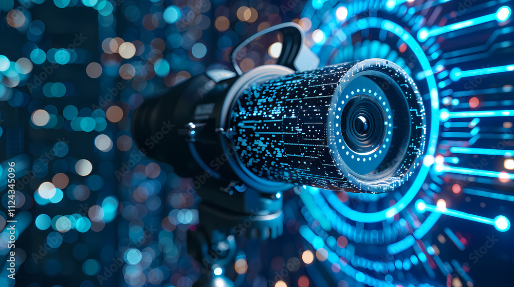 Poster cyber security lens: a close-up shot of a futuristic surveillance camera with a complex circuit boar