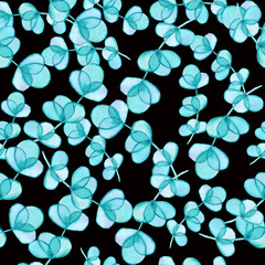 leaves with transparent petals seamless pattern on black background watercolor illustration floral background for invitations. for clothing, wallpaper, wrapping paper, home decor