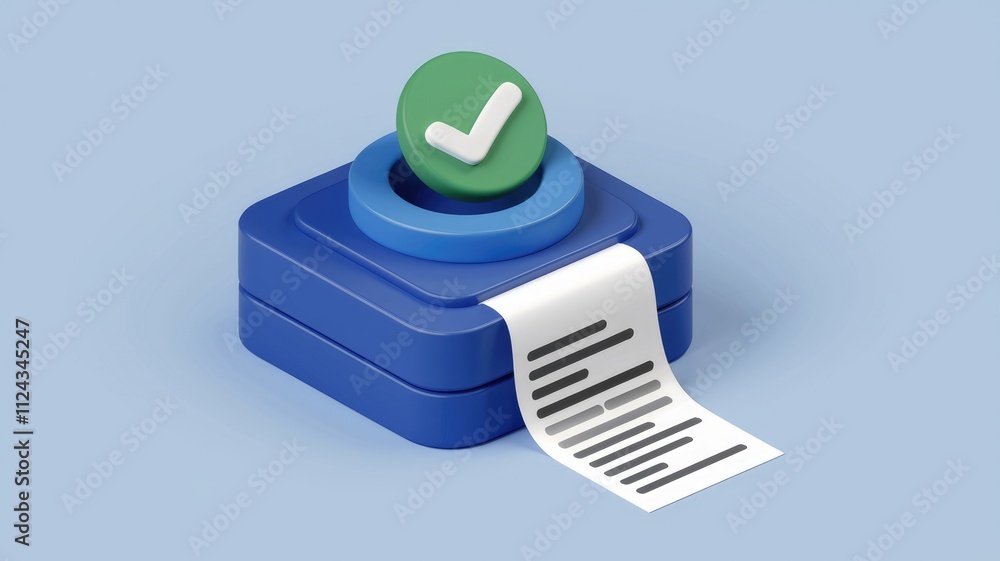Poster 3D rendering of a blue device printing a checklist, signifying task completion and verification.