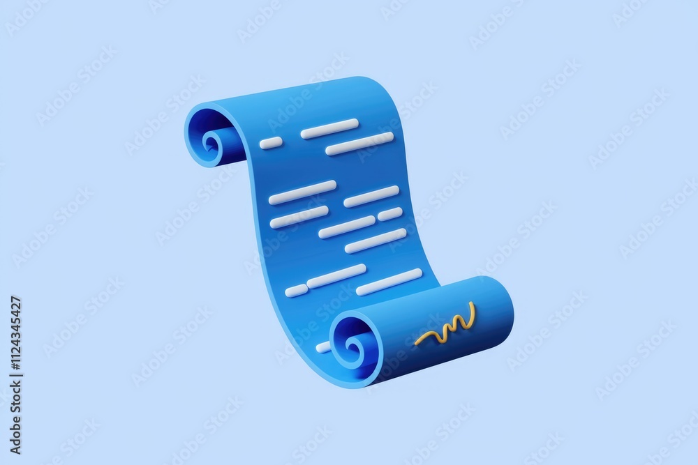 Poster A 3D rendering of a blue scroll with white text and a gold signature, symbolizing a document or contract.