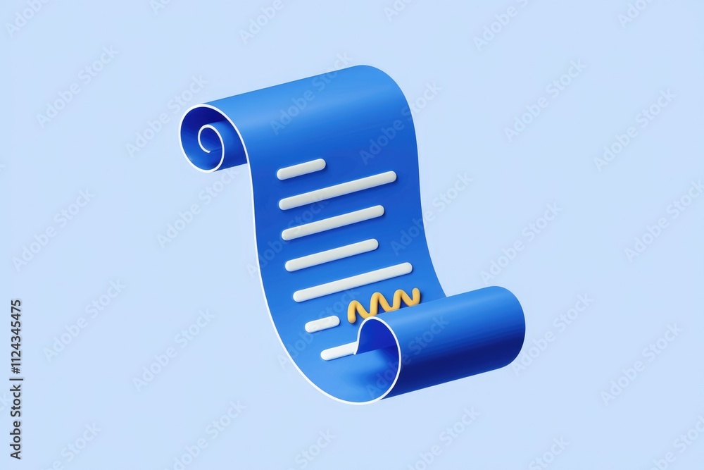 Poster A 3D render of a blue scroll with white text and a yellow signature, symbolizing a document or contract.