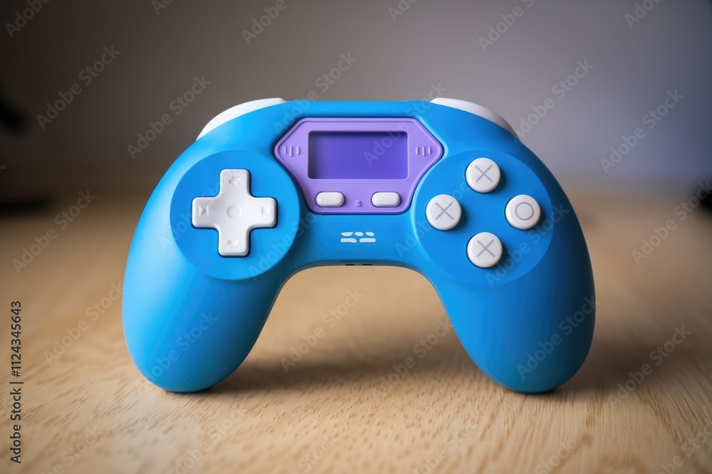 Poster a vibrant blue and purple retro-style video game controller rests on a wooden surface.