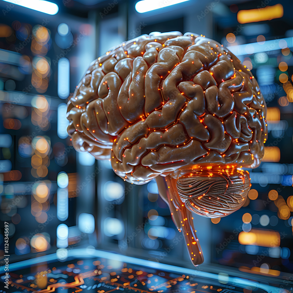 Poster the mind's engine: a 3d rendered human brain illuminated with intricate neural pathways glows with a